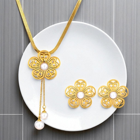 🆕 Romantic Floral Faux Pearl Jewelry Set | 18K Gold Plated Stainless Steel - Picture 16 of 16